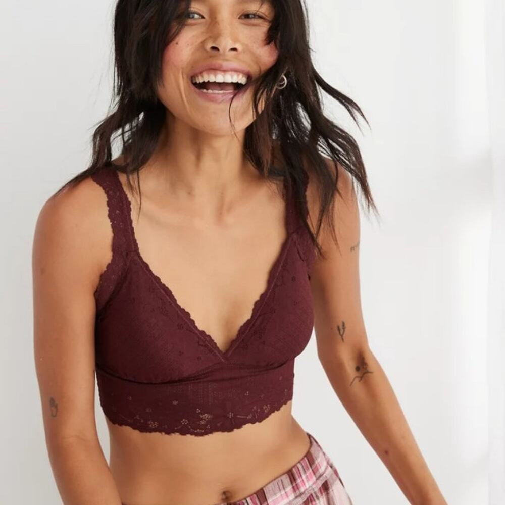 Aerie Pointelle Padded Longline Bralette Burgundy sz small NWT
